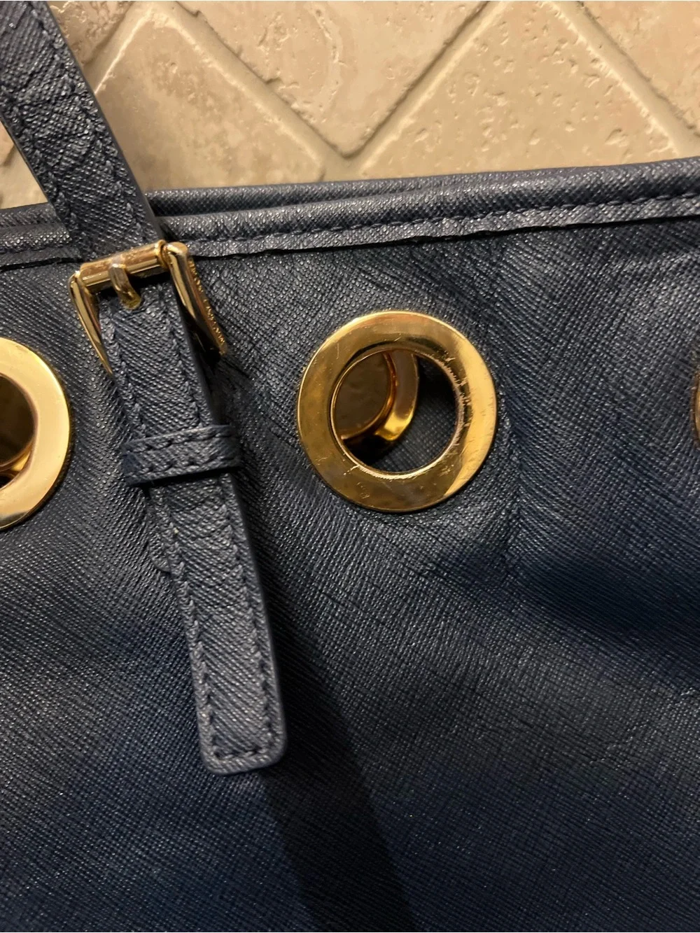 Michael Kors Navy Leather Tote with Gold Grommet Accents Beachy Captain